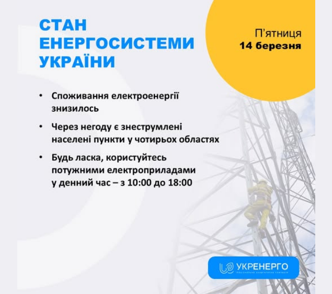 Негода в Україні знеструмила населені пункти у 4 областях - наслідки грози, дощу і вітру 14 березня, Укренерго 3