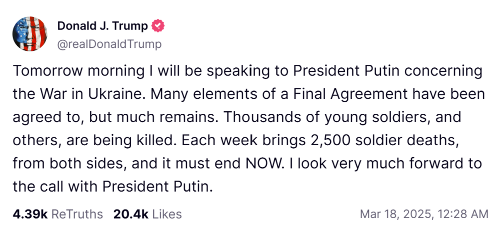 Трамп чекає розмови з Путіним - каже багато чого з мирної угоди вже погоджено 2