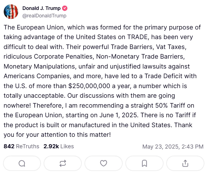 Трамп пропонує із червня обкладати товари з ЄС 50% митом 2
