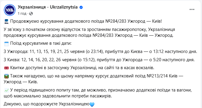 Поїзд Київ Ужгород 284 або 283 у червні Укрзалізниця не скасовує - розклад руху, графік 2