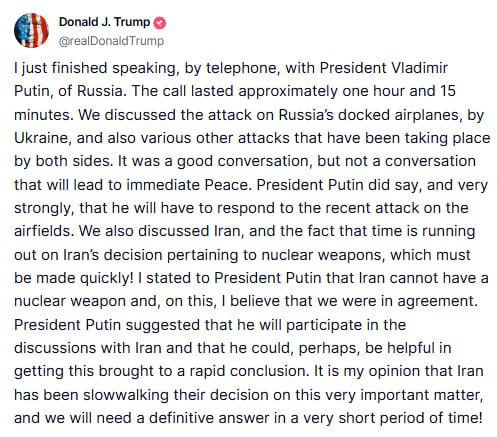 Трамп видалив допис про свою розмову з Путіним 4 червня 2