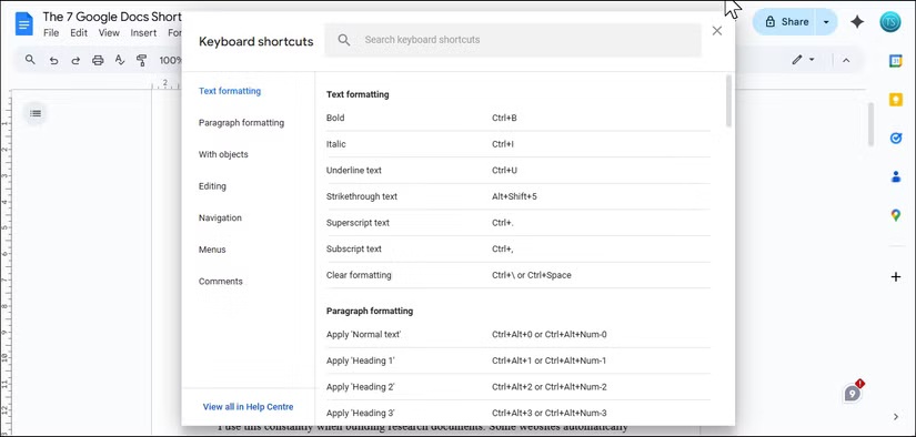 Google Docs - корисні поєднання клавіш, список 4