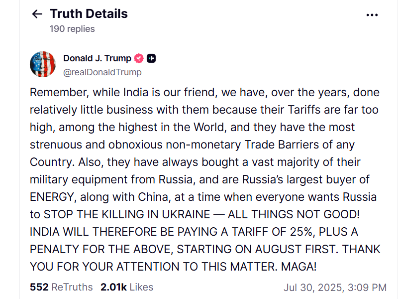 Трамп запровадив 25% тариф проти Індії - президент заявив, що він почне діяти з 1 серпня 2