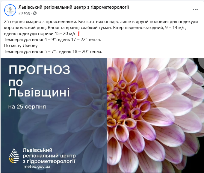 Погода у Львові сьогодні 25 серпня встановила новий температурний рекорд - похолодання 8