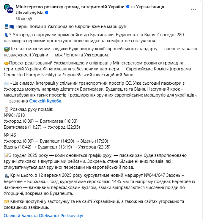 Поїзди УЗ з Ужгорода євроколією запустили в Братиславу, Будапешт і Відень - прямий рейс, розклад 25