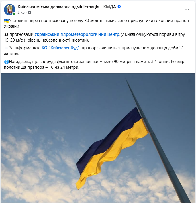 Найбільший прапор України в Києві приспустили 30 жовтня через пориви вітру - прогноз погоди, КМДА Найбільший прапор України в Києві приспустили 30 жовтня через пориви вітру - прогноз погоди, КМДА 4