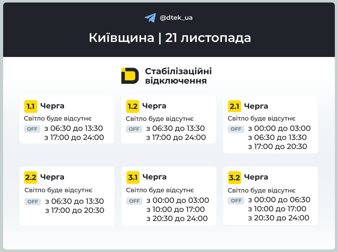 Графік відключення світла на сьогодні 21 листопада ДТЕК і обленерго - Київ, Львів, Дніпро, Укренерго 5