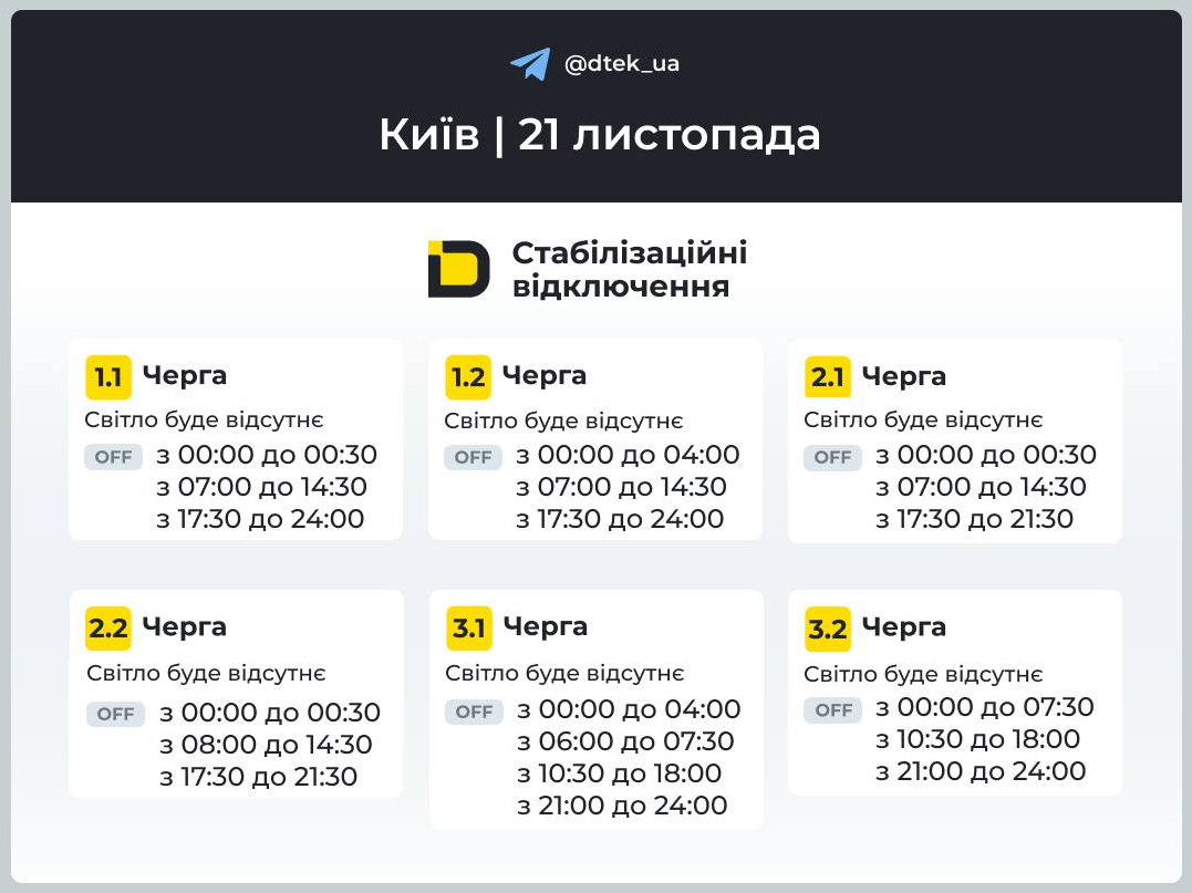 Графік відключення світла на сьогодні 21 листопада ДТЕК і обленерго - Київ, Львів, Дніпро, Укренерго 3