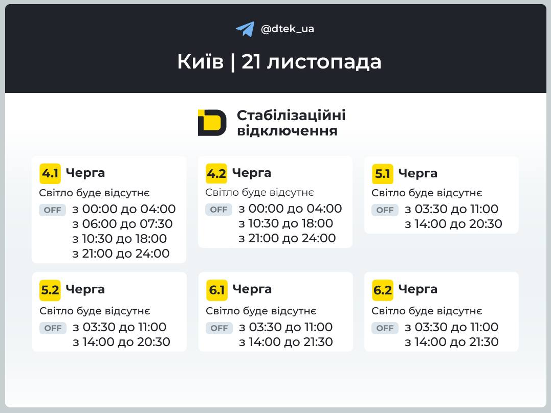 Графік відключення світла на сьогодні 21 листопада ДТЕК і обленерго - Київ, Львів, Дніпро, Укренерго 4