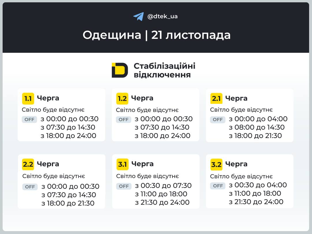 Графік відключення світла на сьогодні 21 листопада ДТЕК і обленерго - Київ, Львів, Дніпро, Укренерго 20