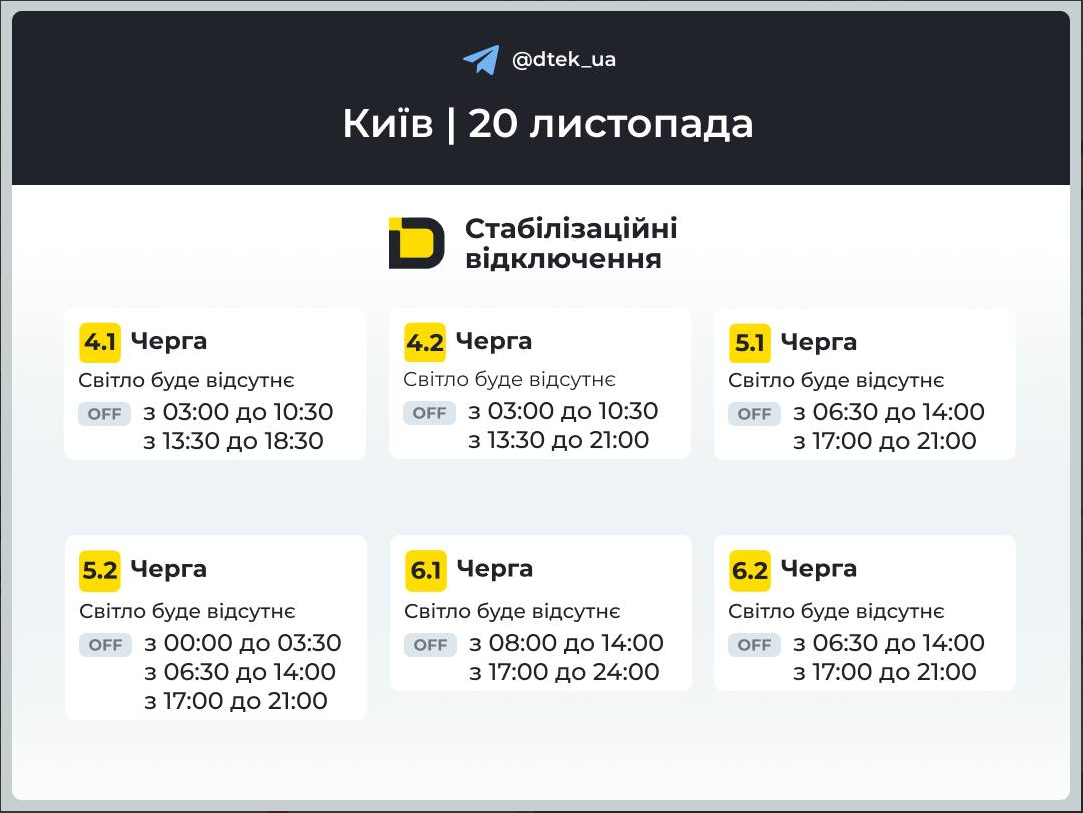 Графік відключення світла в Києві і Україні сьогодні 20 листопада - електроенергія, ДТЕК, обленерго 4