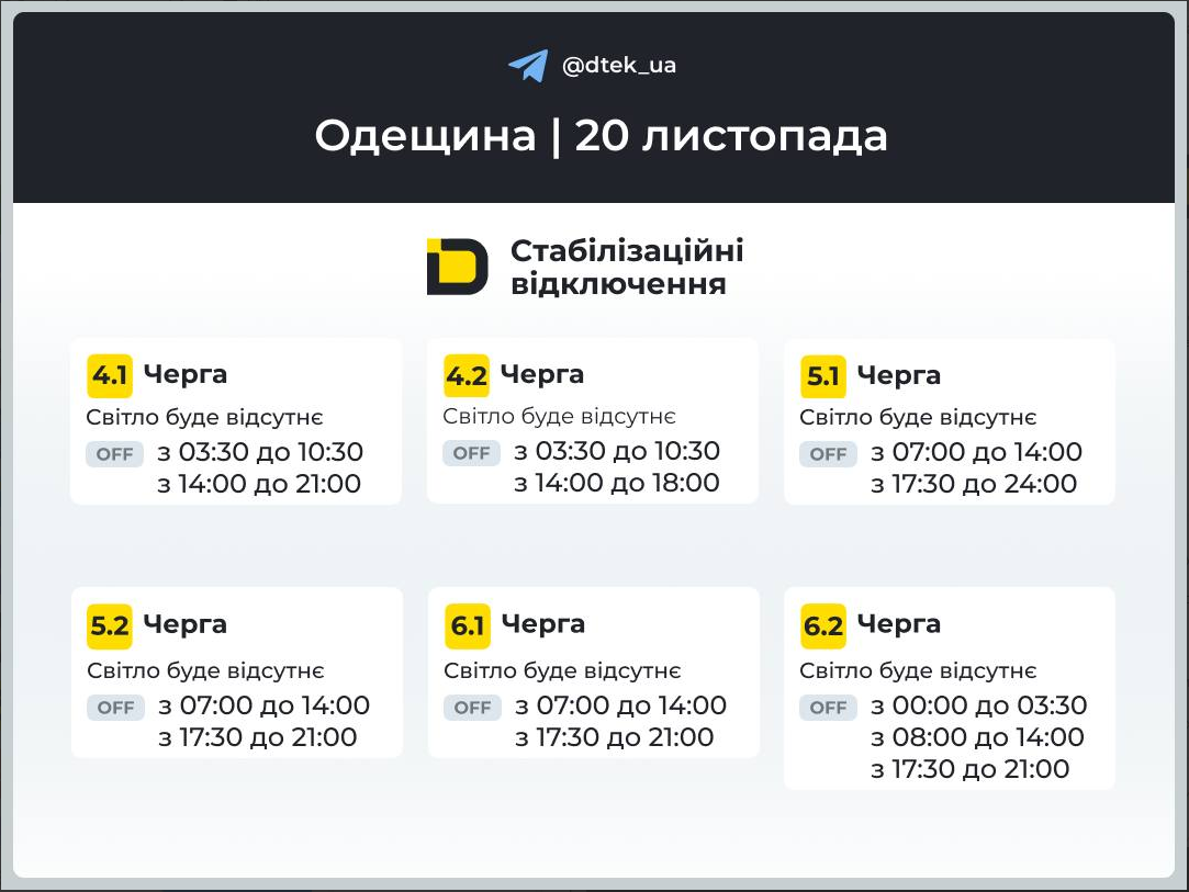 Графік відключення світла в Києві і Україні сьогодні 20 листопада - електроенергія, ДТЕК, обленерго 10