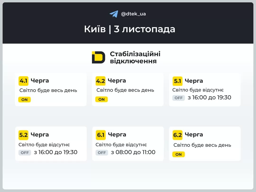 Графік вимкнення світла в Києві 3 листопада опублікував ДТЕК 6