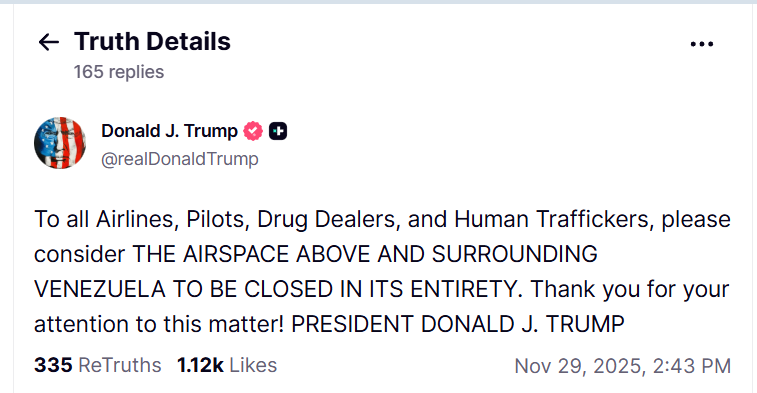 Війна США та Венесуели - Трамп заявив про повне закриття авіапростору над Венесуелою 2