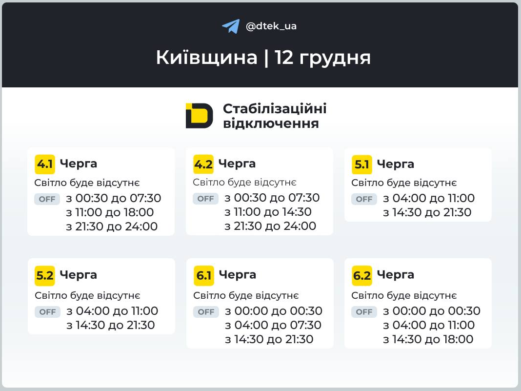 Графік відключення світла на сьогодні 12 грудня ДТЕК і обленерго - де є електроенергія 12