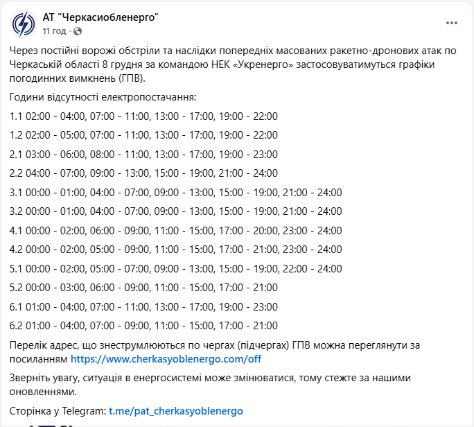 Графік відключення світла на сьогодні 8 грудня ДТЕК і обленерго - Київ, Житомир, Закарпаття 17
