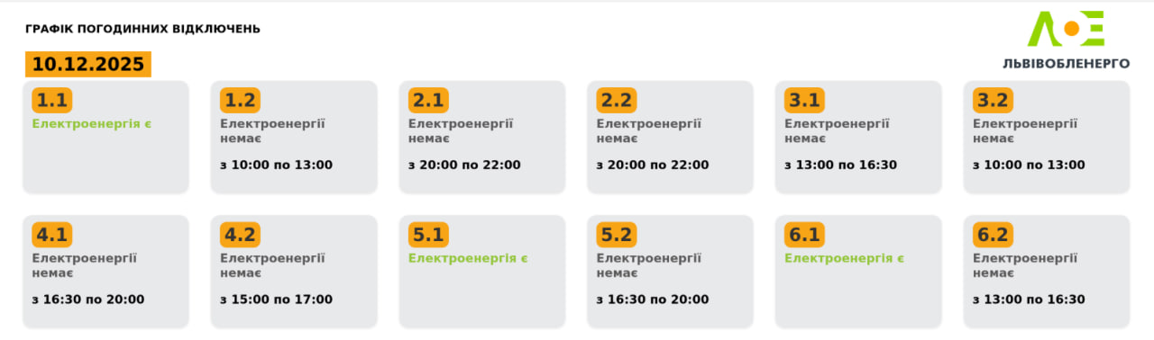 Графіки відключень світла в Україні 10 грудня - список по областях Графіки відключень світла в Україні 10 грудня - список по областях 13