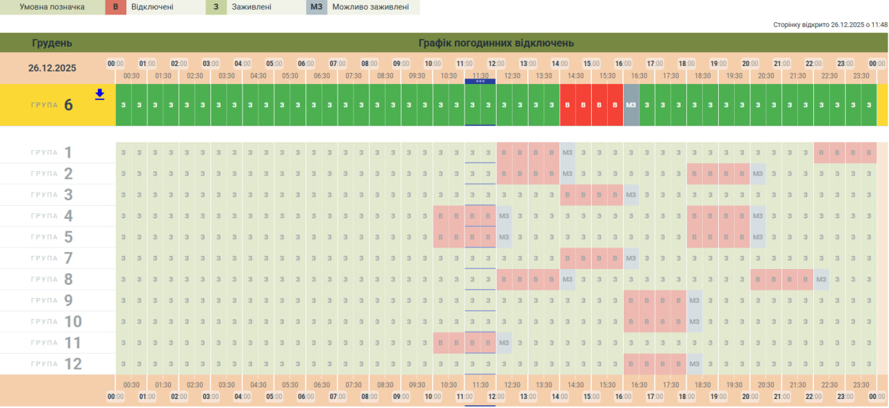Графіки відключень світла в Україні 26 грудня - список по областях 13