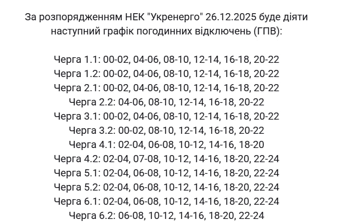 Графіки відключень світла в Україні 26 грудня - список по областях 9
