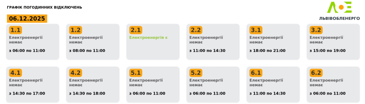 Графіки відключень світла в Україні 6 грудня - список по областях Графіки відключень світла в Україні 6 грудня - список по областях 13