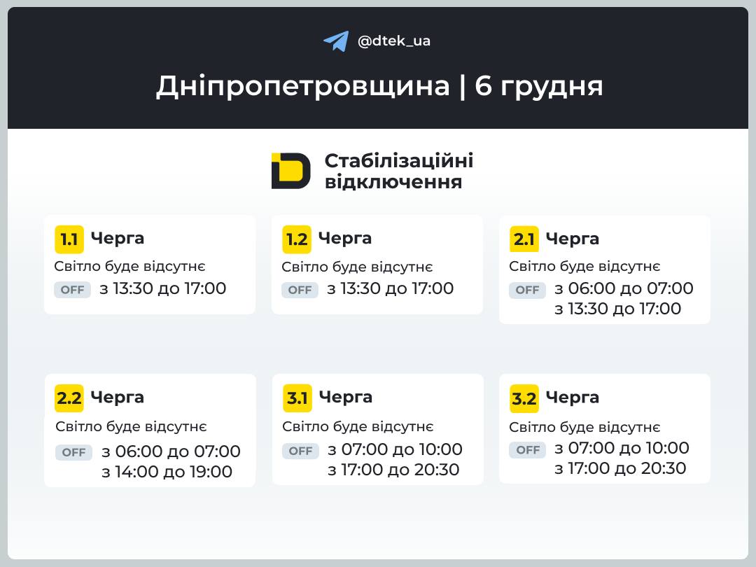 Графіки відключень світла в Україні 6 грудня - список по областях Графіки відключень світла в Україні 6 грудня - список по областях 6