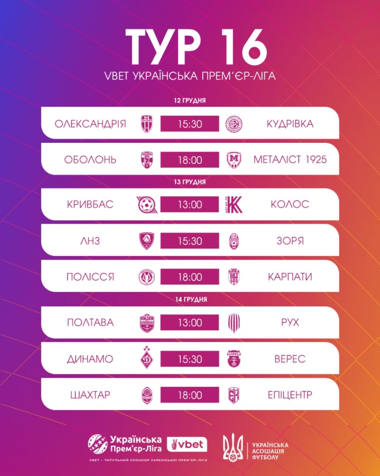 УПЛ, 16 тур - розклад матчів та де дивитися 2