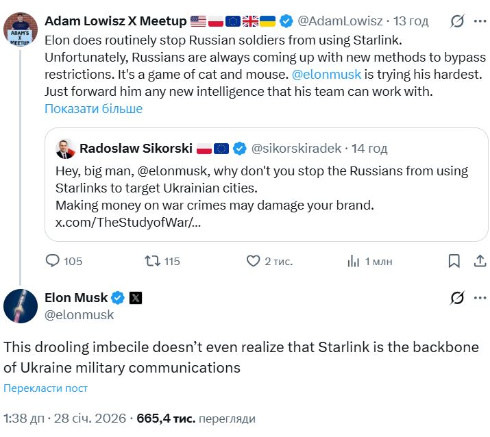 Маск назвав Сікорського слинявим дурнем - причиною став пост із закликом відімкнути росіянам Starlink 4