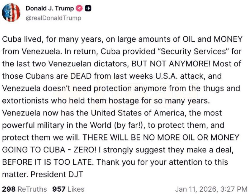 Трамп заявив, що Куба не отримає від Венесуели нафти й грошей 2