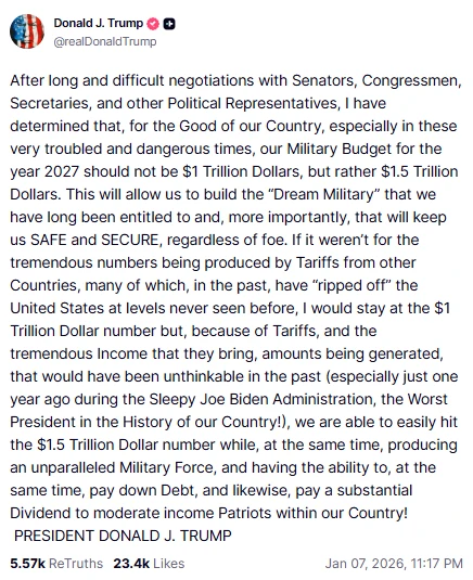 Трамп заявив, що оборонний бюджет США у 2027 році становитиме $1,5 трлн 2