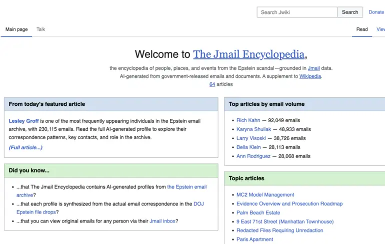 Матеріали з архівів Епштейна були зібрані в Jikipedia - проєкт, ініційований командою Jmail, викликав обговорення. 1