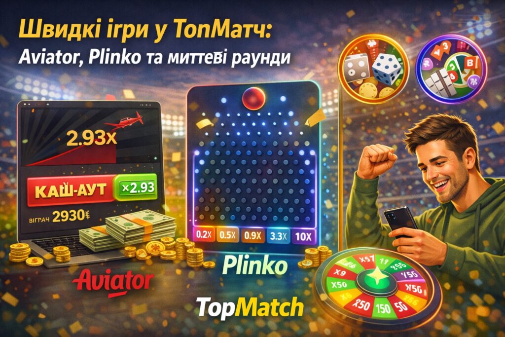 Швидкі ігри у ТопМач: Aviator, Plinko та миттєві раунди 2 Швидкі ігри у ТопМач: Aviator, Plinko та миттєві раунди 1