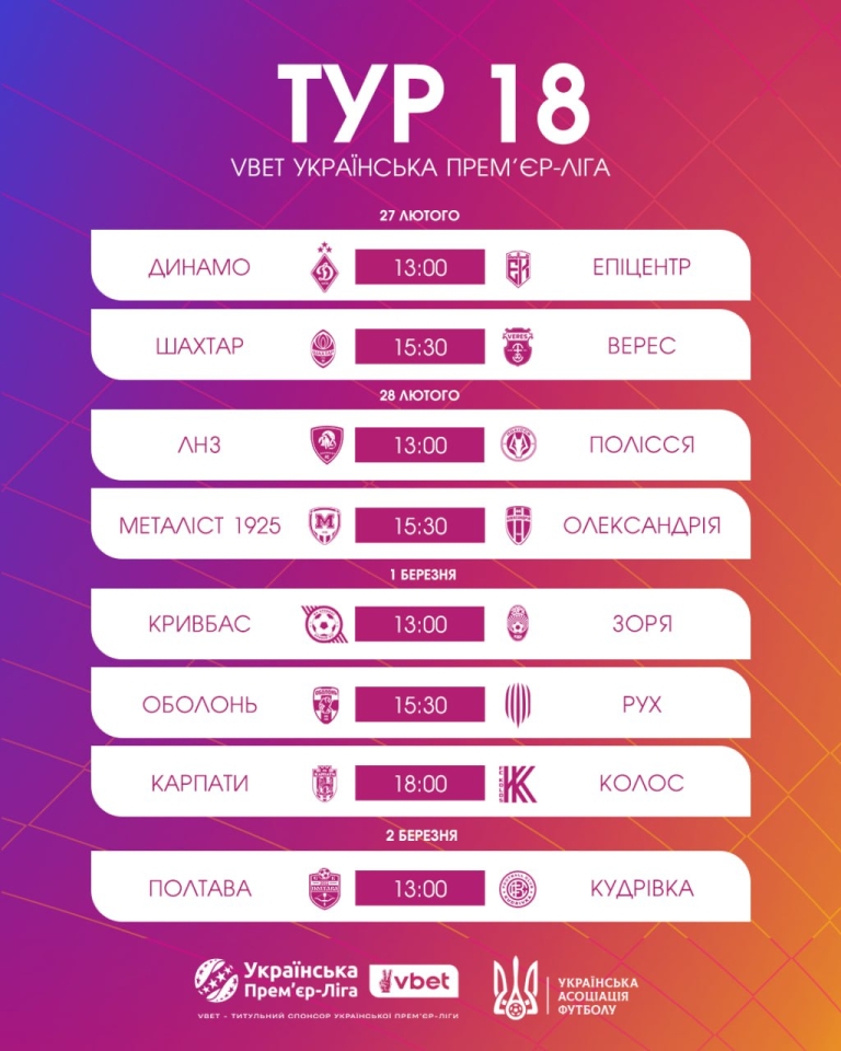 УПЛ, 18 тур - розклад матчів і трансляцій УПЛ, 18 тур - розклад матчів і трансляцій 2