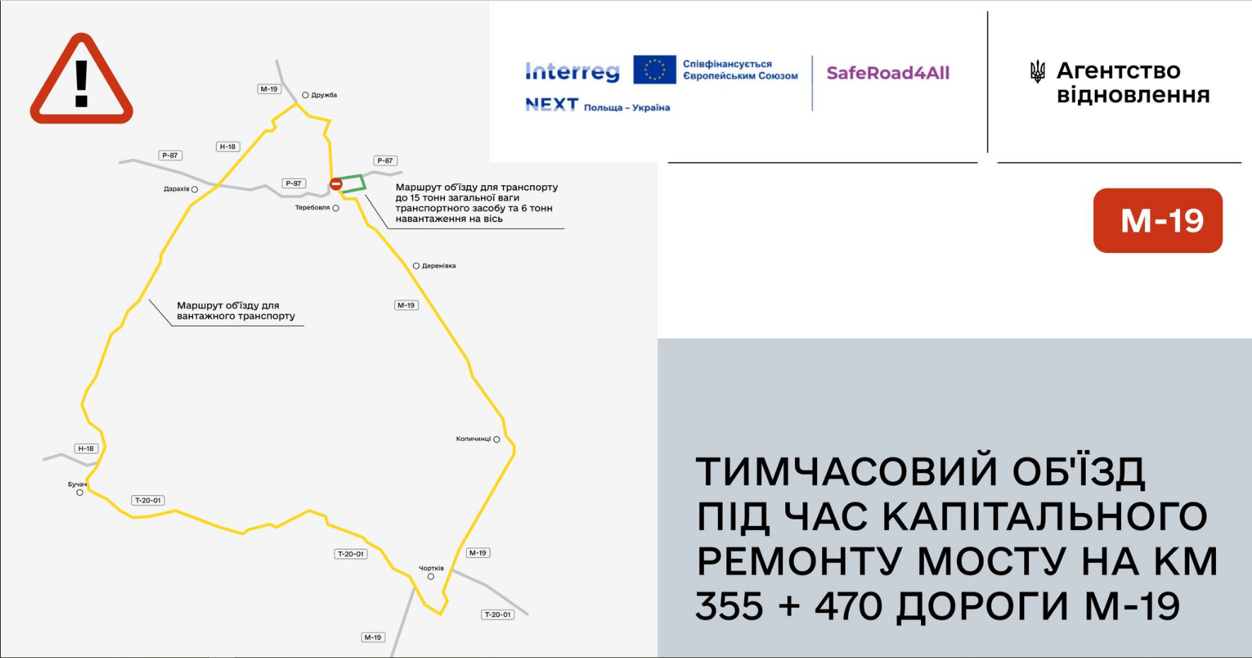 Рух на трасі М-19 у Теребовлі буде обмежено на годину через ремонт мосту. Інформація про час обмеження та можливі об'їзди, а також карта маршруту, буде надана. 2
