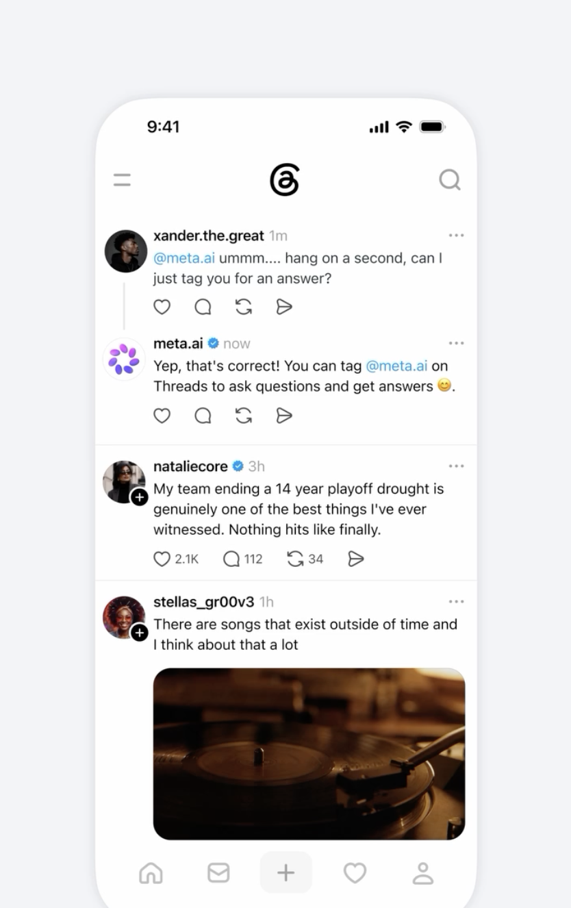 Threads проводить випробування чат-бота Meta AI, схожого на Grok. Користувачі висловлюють незадоволення через відсутність можливості блокування. 2